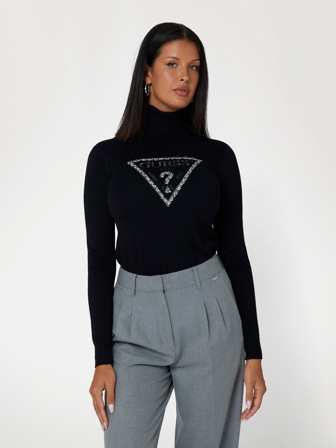 Guess Jet Black Turtle Neck Embellished Sweater