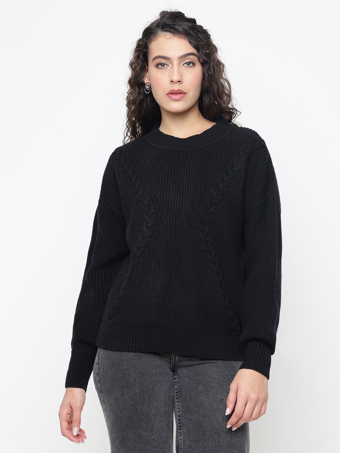Serena Yarn Jet Black Cable Knit Round Neck Regular Fit Pullover Sweater