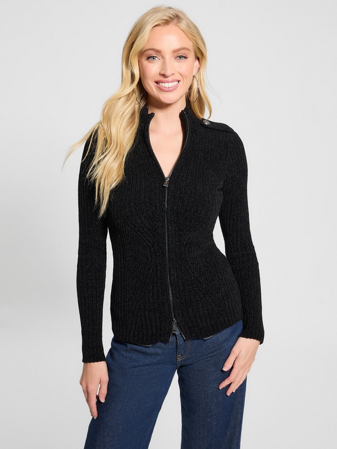 Black Ribbed Mock Neck Cardigan