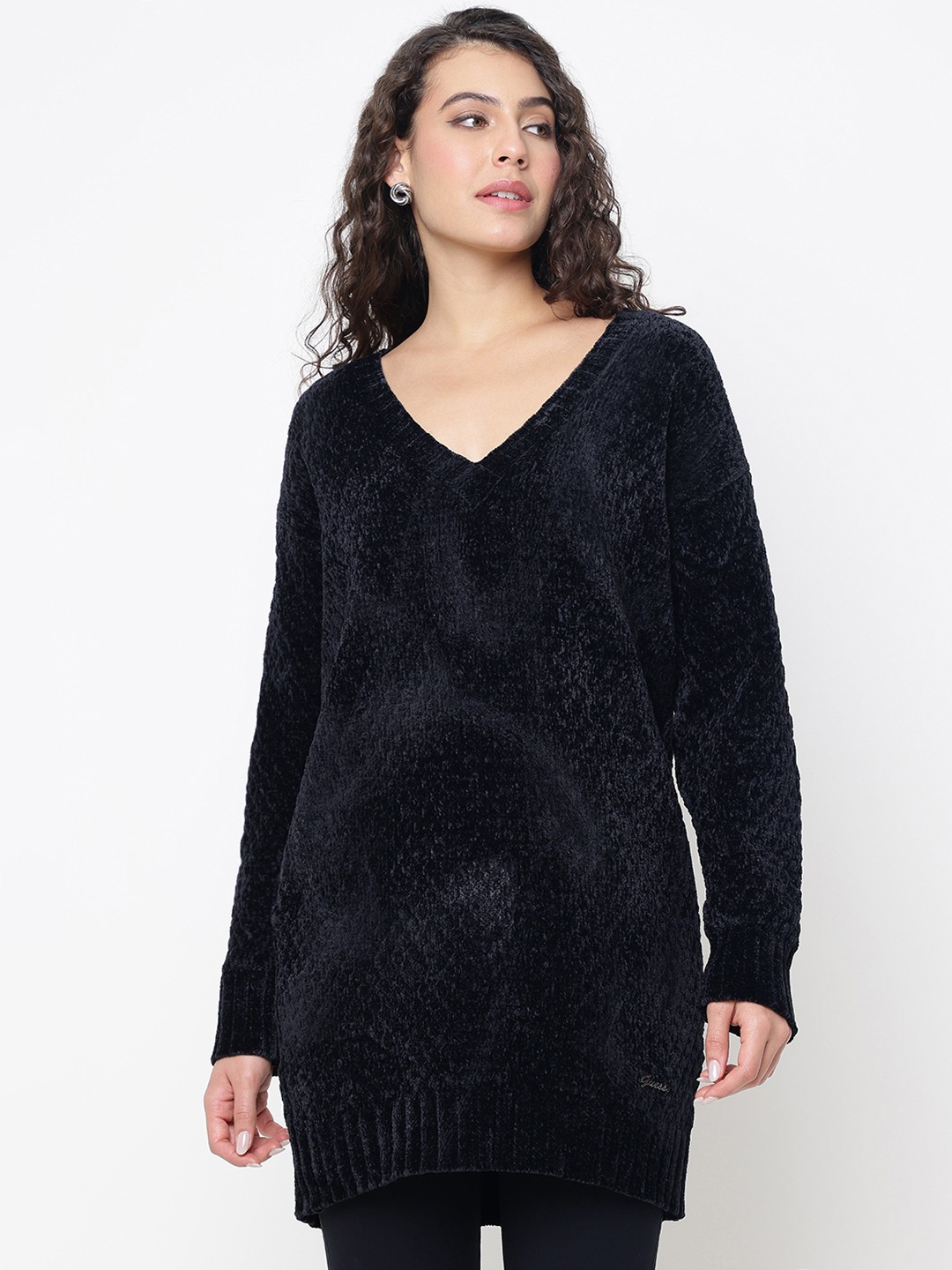 Talia Tender Chenille Jet Black Fuzzy Knit V-Neck Regular Fit Pullover Sweater