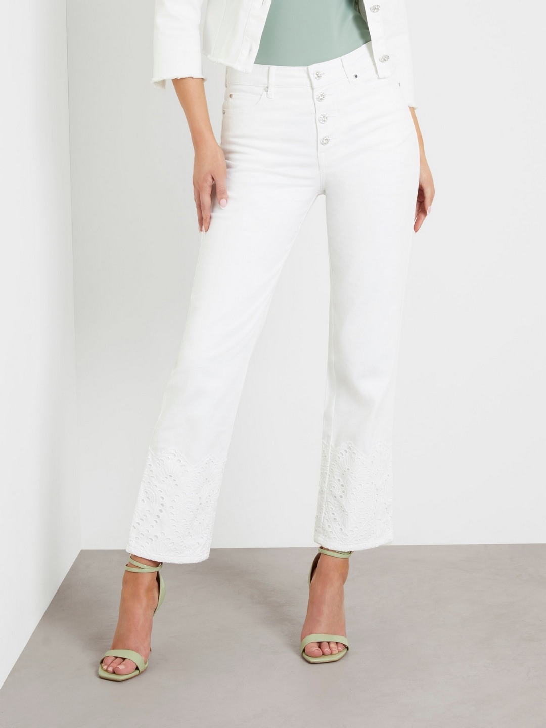 White Cotton Blend Embroidered Regular Fit Jeans