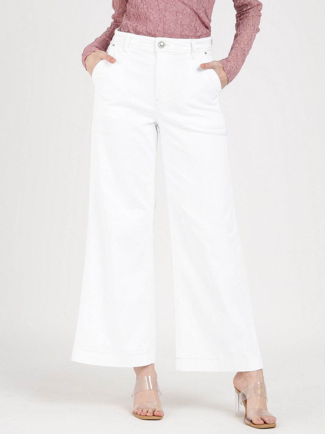 White Solid High-Rise Full Length Bootcut Trouser