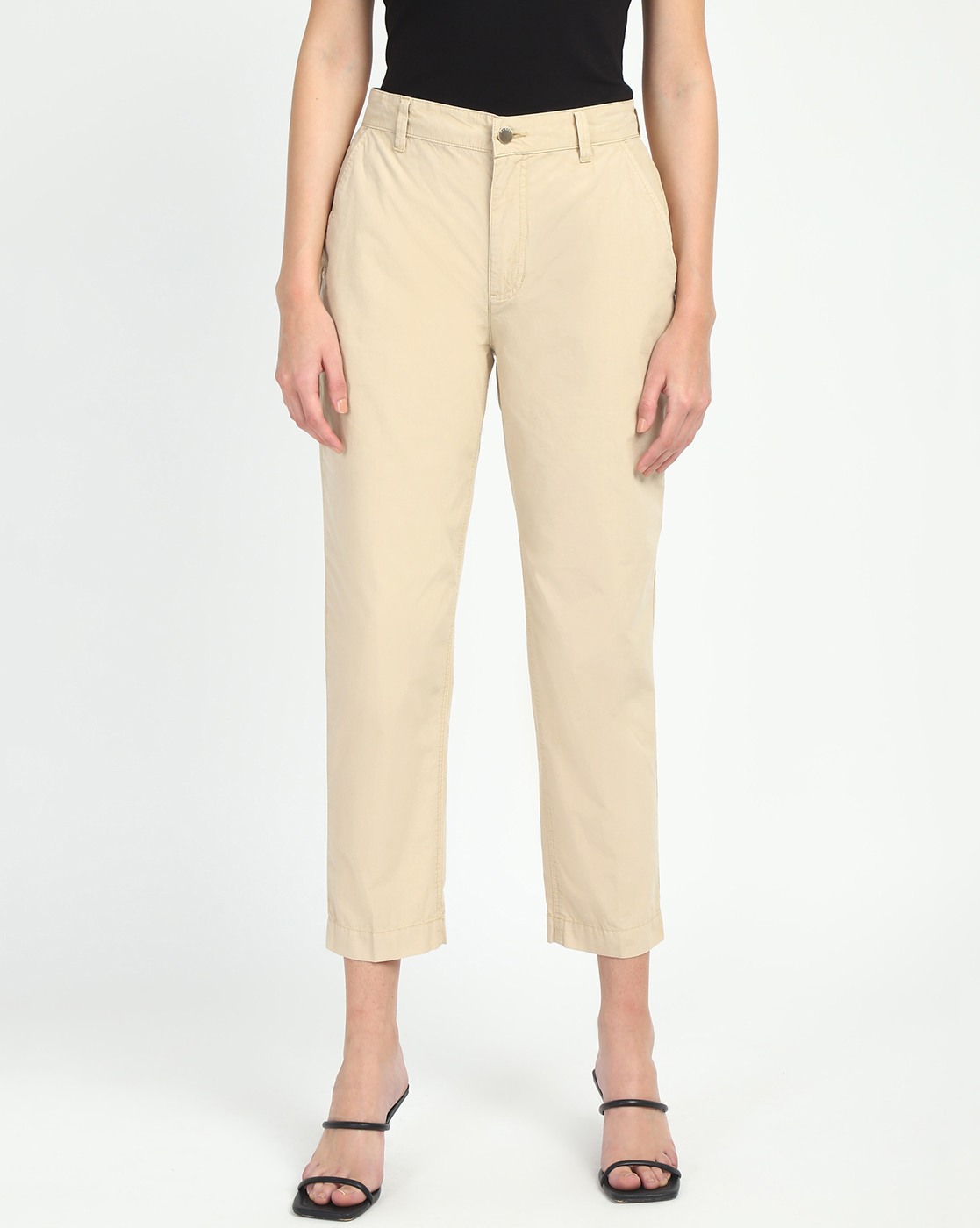 Women's Beige Cotton Solid Slim Fit Trouser