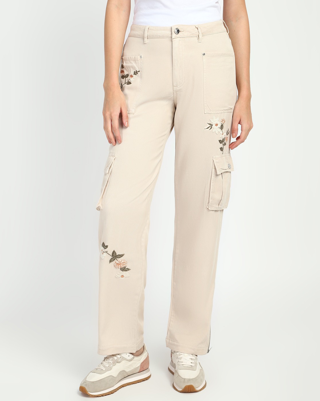 Beige Embroidered High-Rise Cargo Trouser