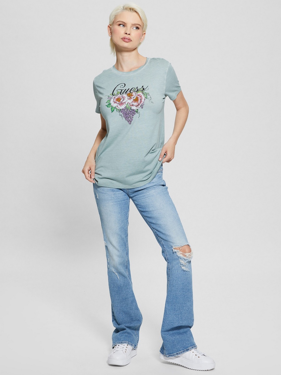 Blue Cotton Blend Printed Round Neck T-Shirt