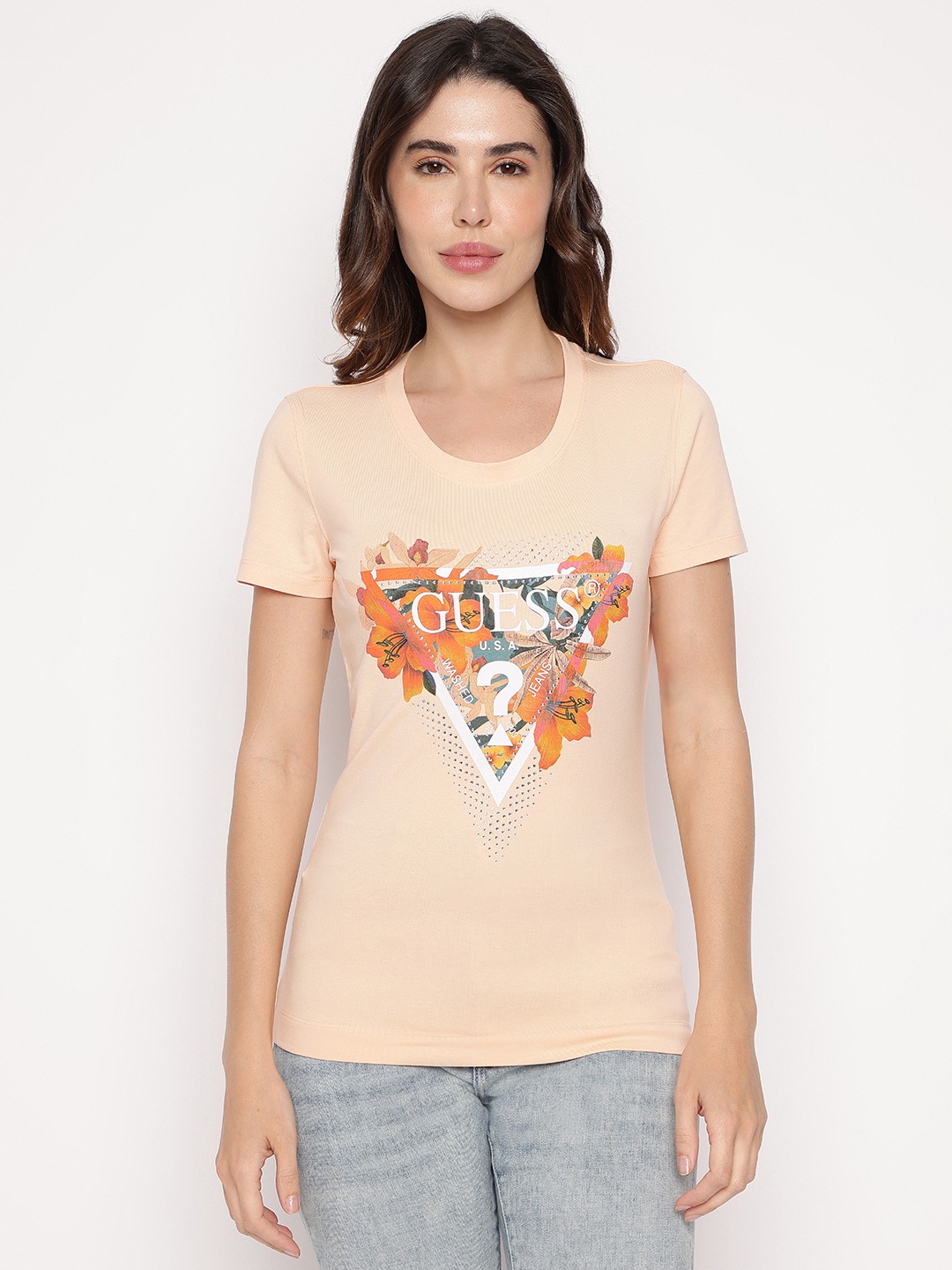 Peach Printed Round Neck T-Shirt