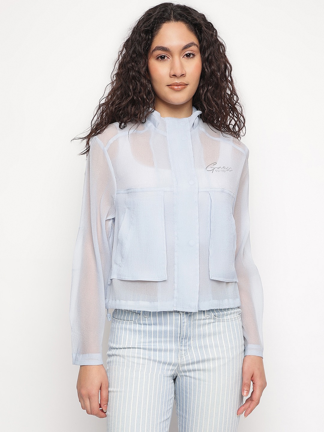 Blue Solid Hooded Neck Mia Organdy Jacket