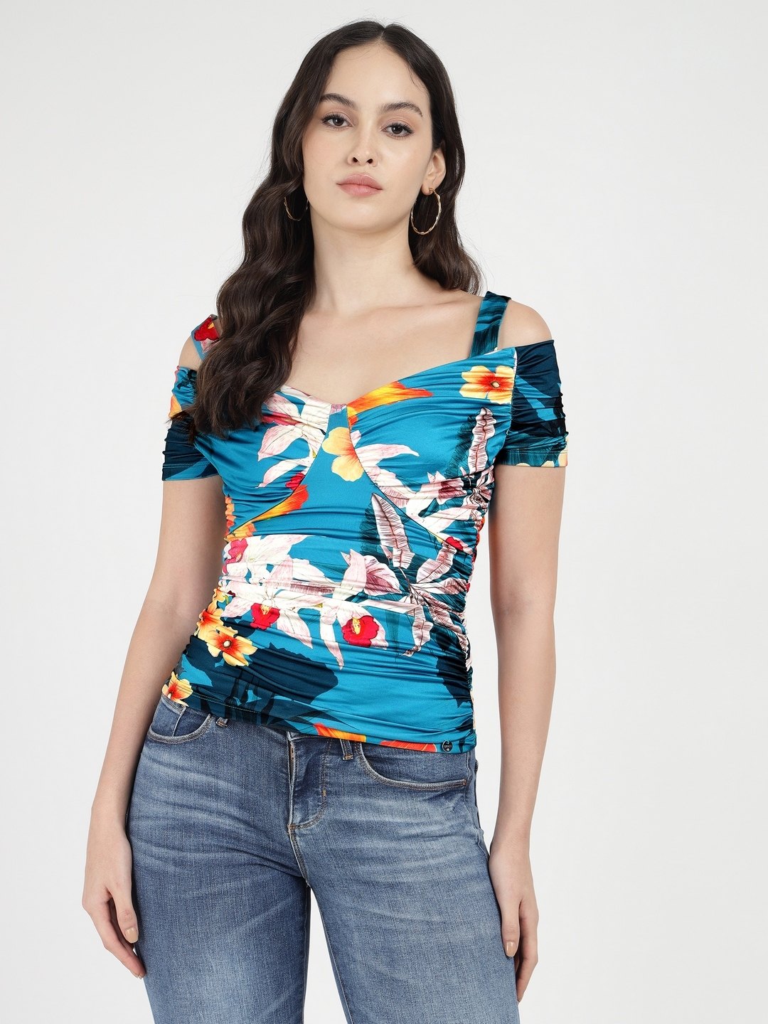 Hawaian Susnet Floral Sweetheart Neck Short Sleeves Emily Top