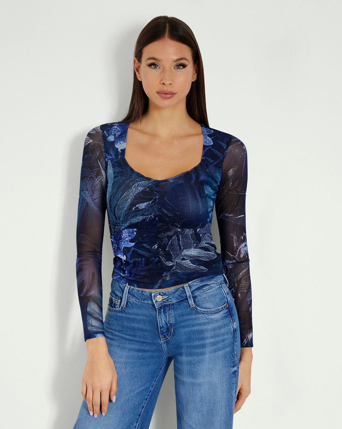 Women's Blue Polyamide Tropical Regular Fit Full Sleeves Top