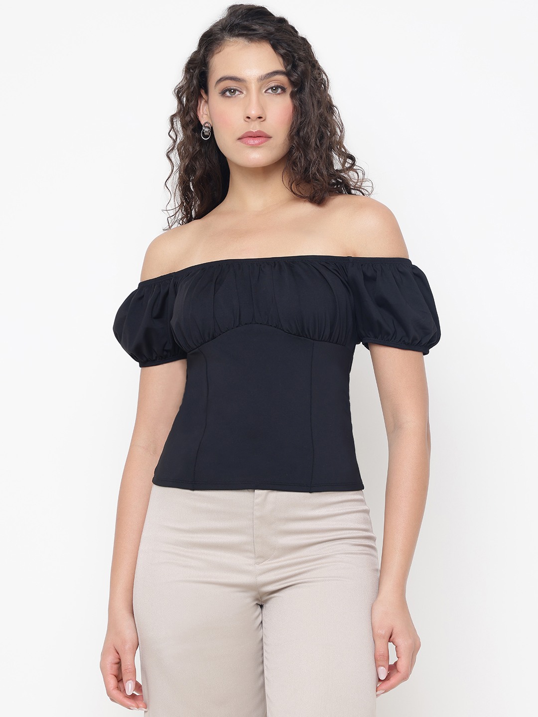 Cecilia Jet Black Solid Off Shoulder Regular Fit Off-Shoulder Top