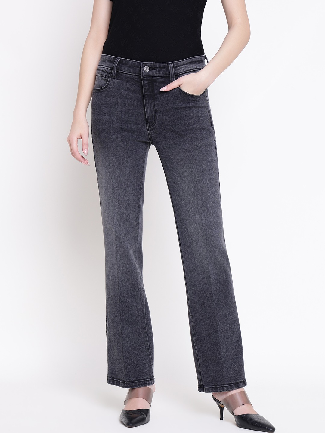 Guess Women Tourmaline Mid Solid Straight Fit Denim Jeans