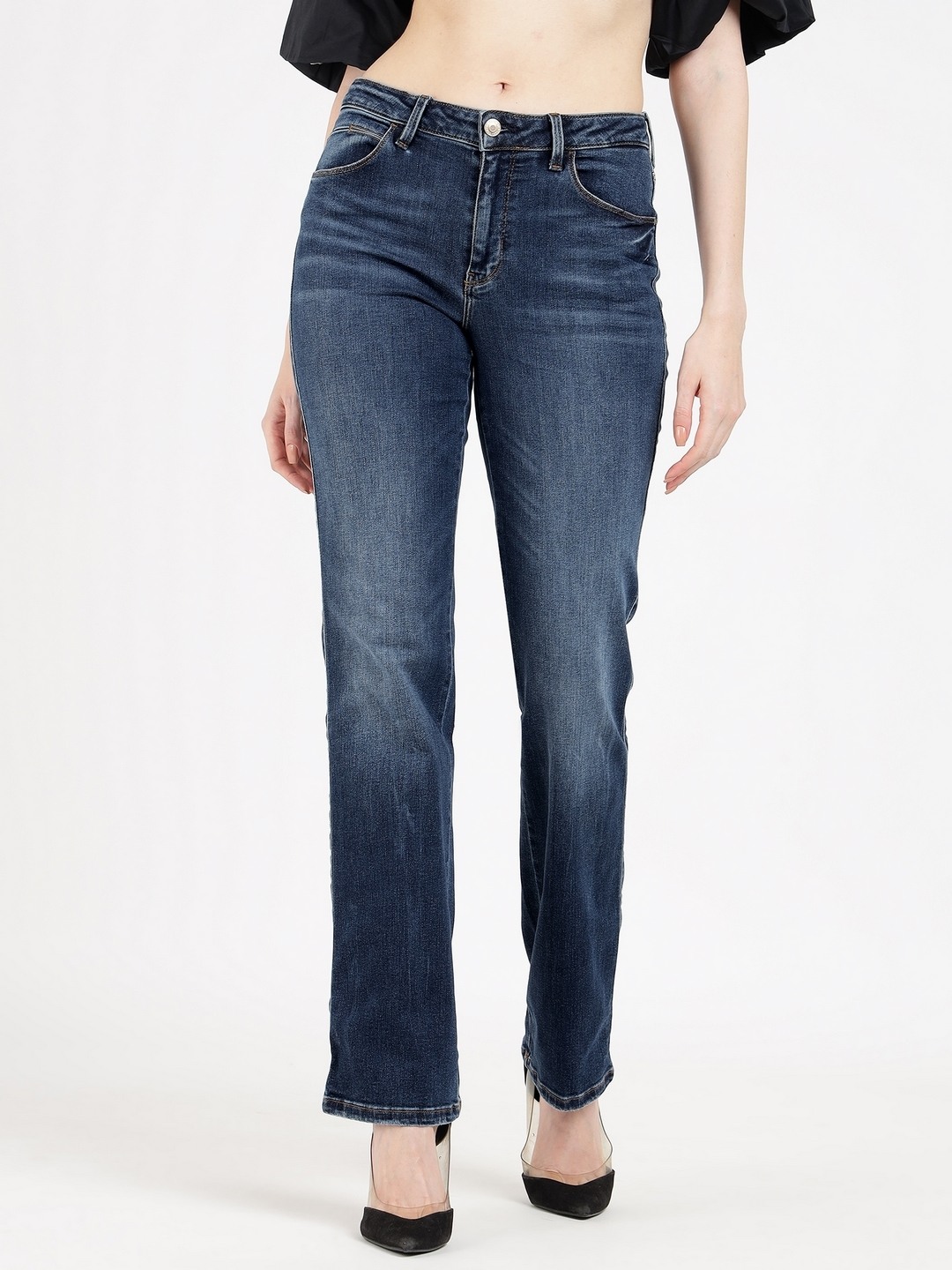 Cotton Blend Mid Rise Bootcut Jeans