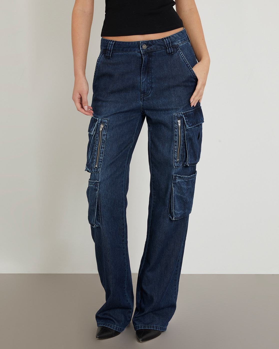 Women's Blue Cotton Solid Regular Fit Cargo Jeans