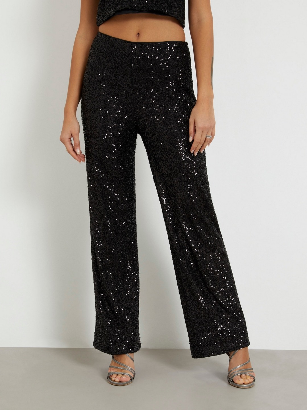 Black Embellished Mid-Rise Regular Length Flared Trouser