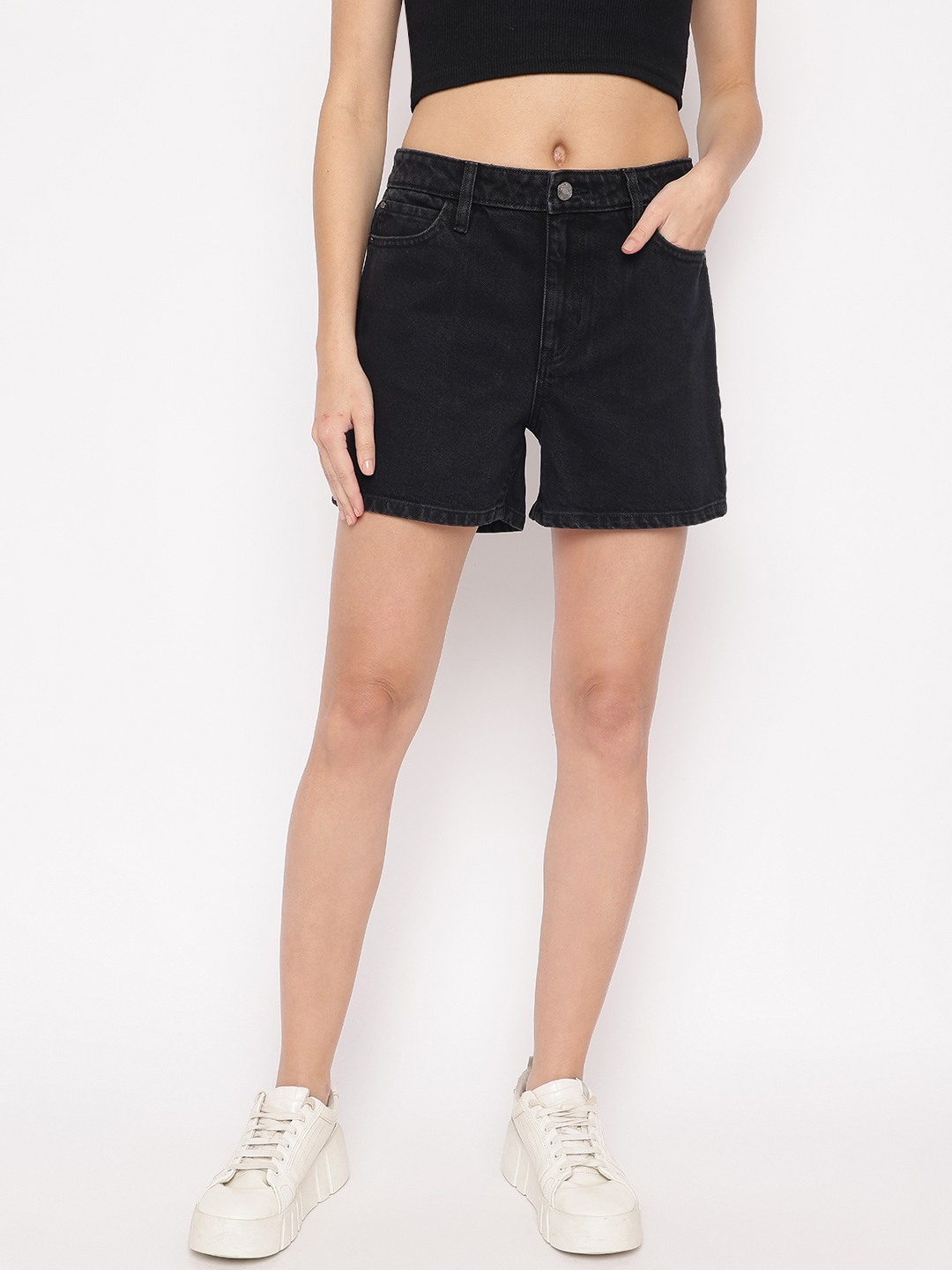 Charcoal Dark Solid High Rise Denim Shorts