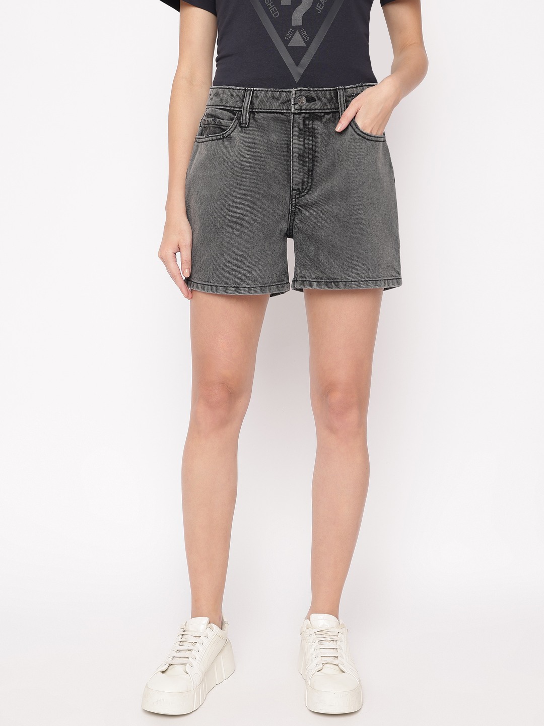 Charcoal Light Solid High Rise Denim Shorts