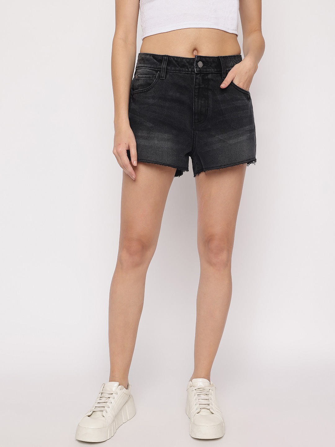 Charcoal Mid Solid High Rise Denim Mom Shorts