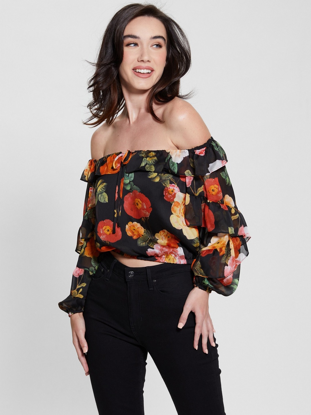 Black Printed Off Shoulder Full Sleeves Blouse Top