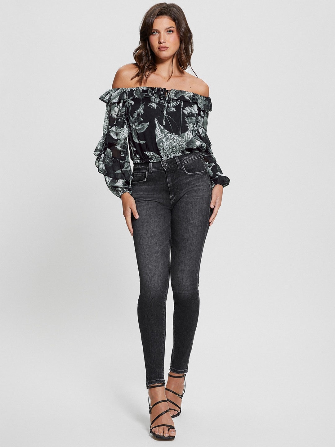Black Polyester Printed Off Shoulder Tops