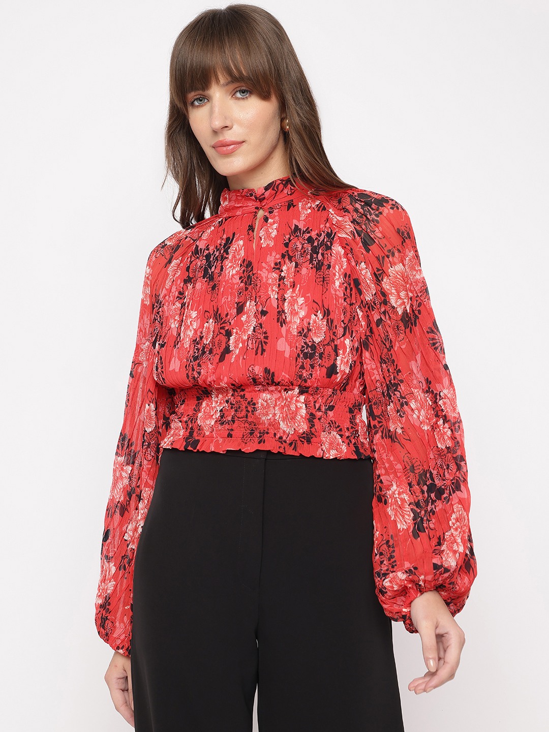 Call Me Cherry Floral Mock Neck Full Sleeve Pleated Top