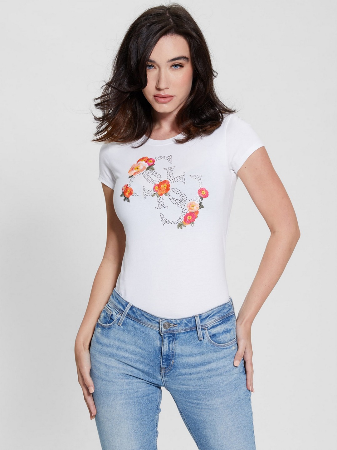 White Printed Round Neck Short Sleeves T-shirt