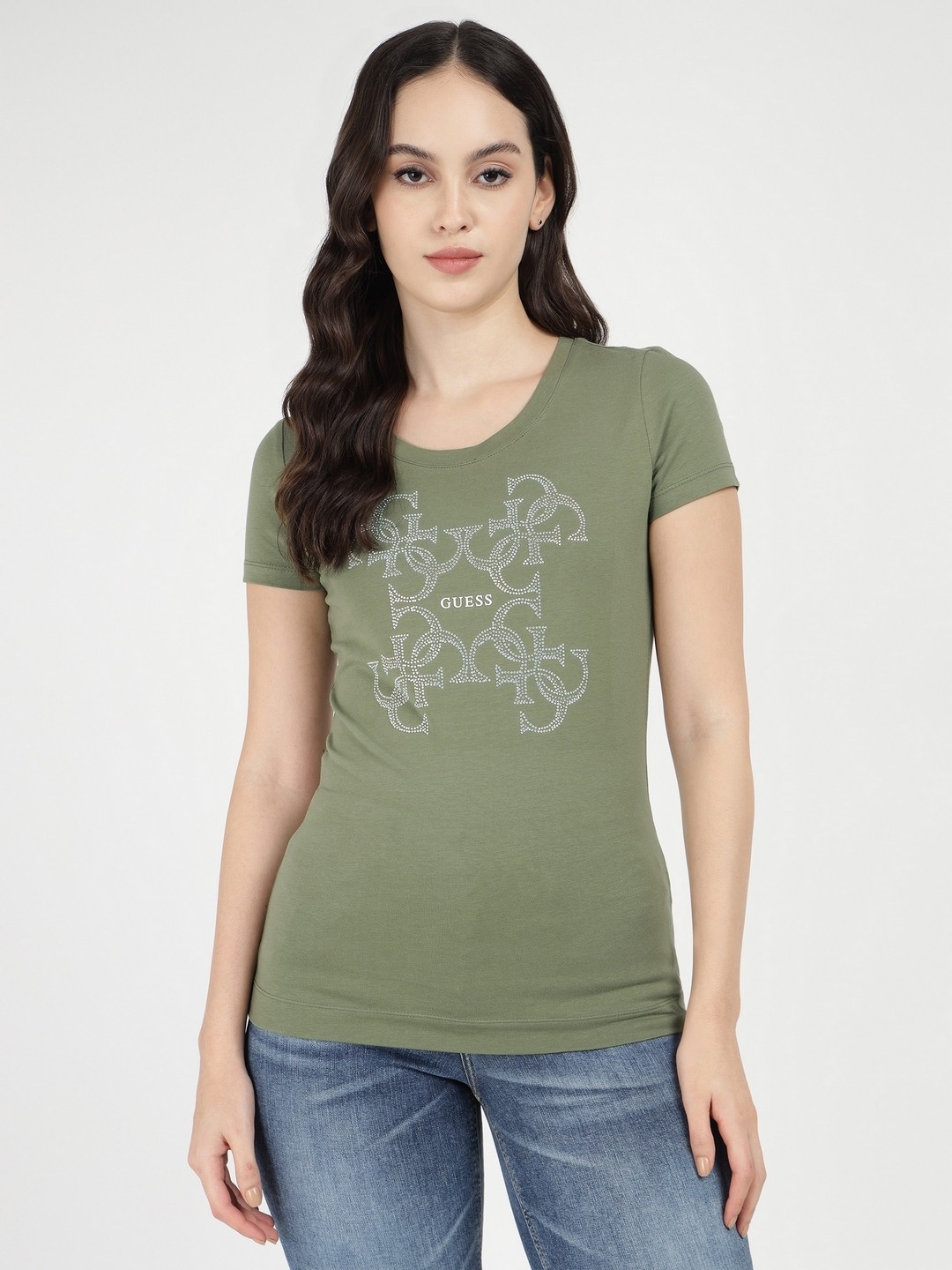 Lichen Leaf Green Printed Round Neck Short Sleeves T-Shirt