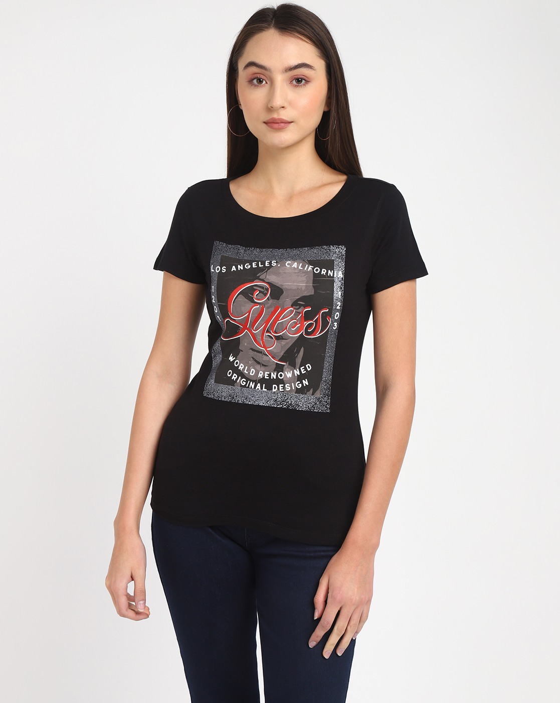 Women's Black Cotton Graphic Slim Fit Half Sleeves T-shirt