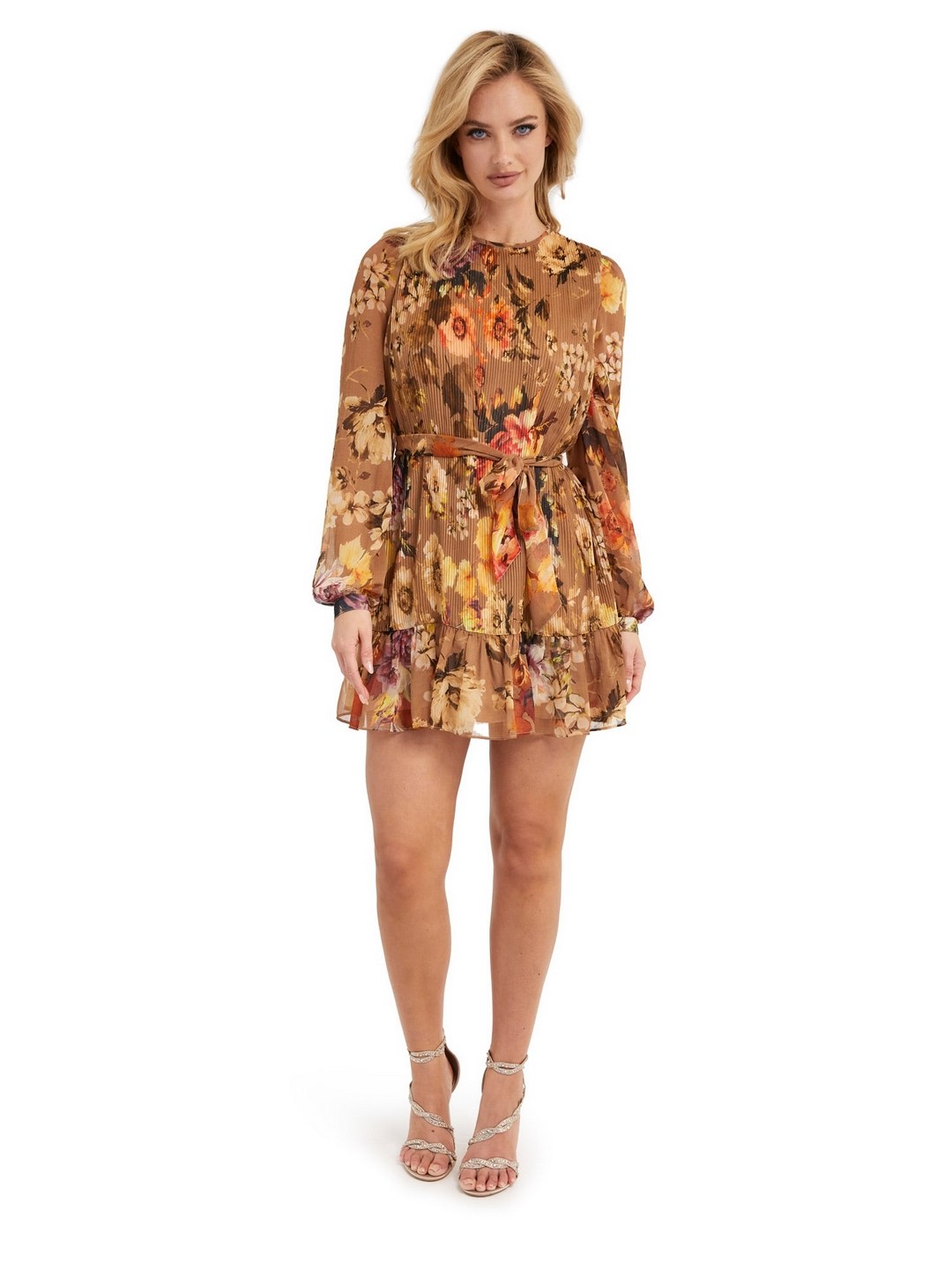 Brown Polyester Printed Tiered Dress