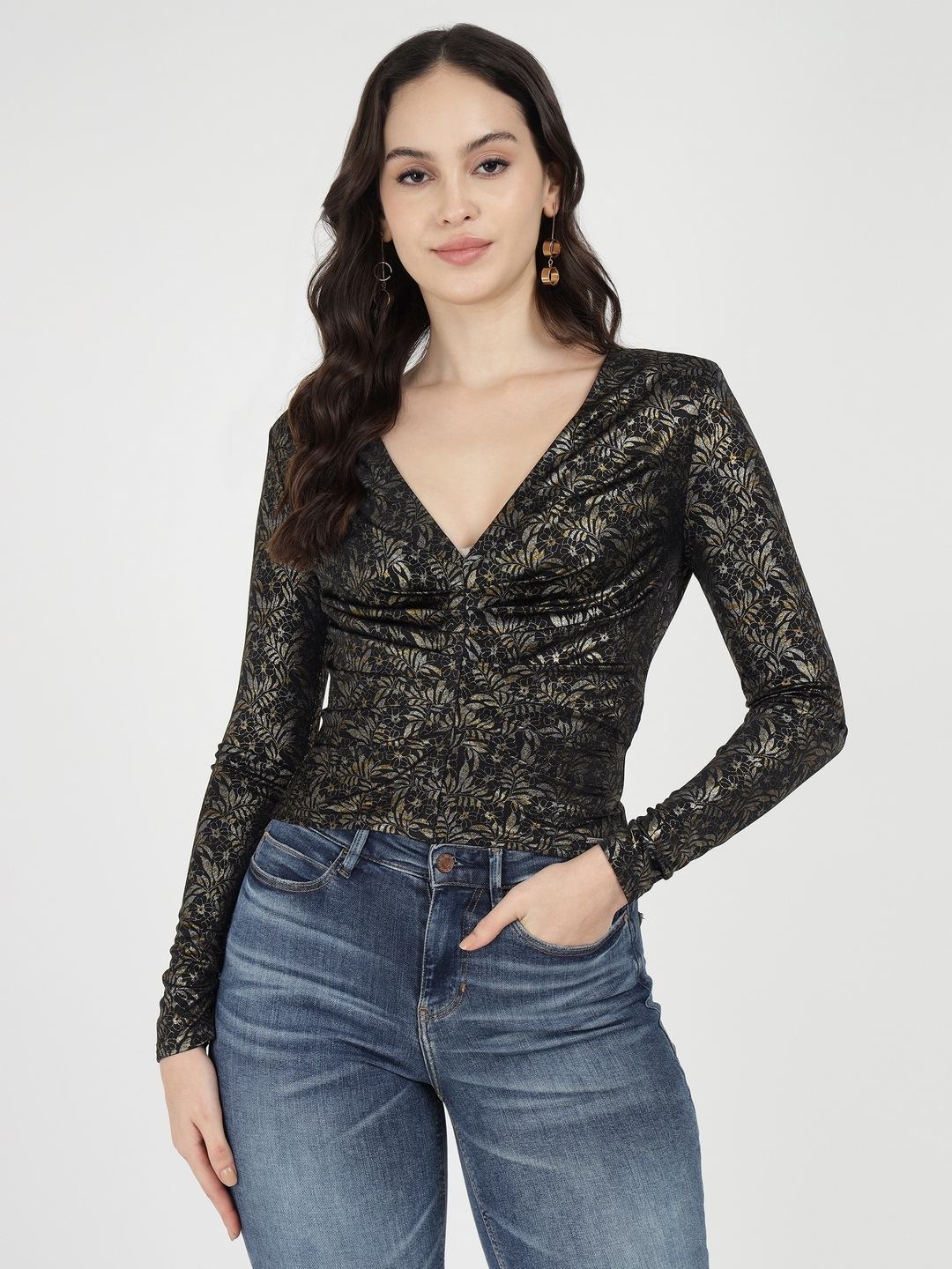 Black Gun Metal Printed V-Neck Full Sleeve Gathered Amelie Top