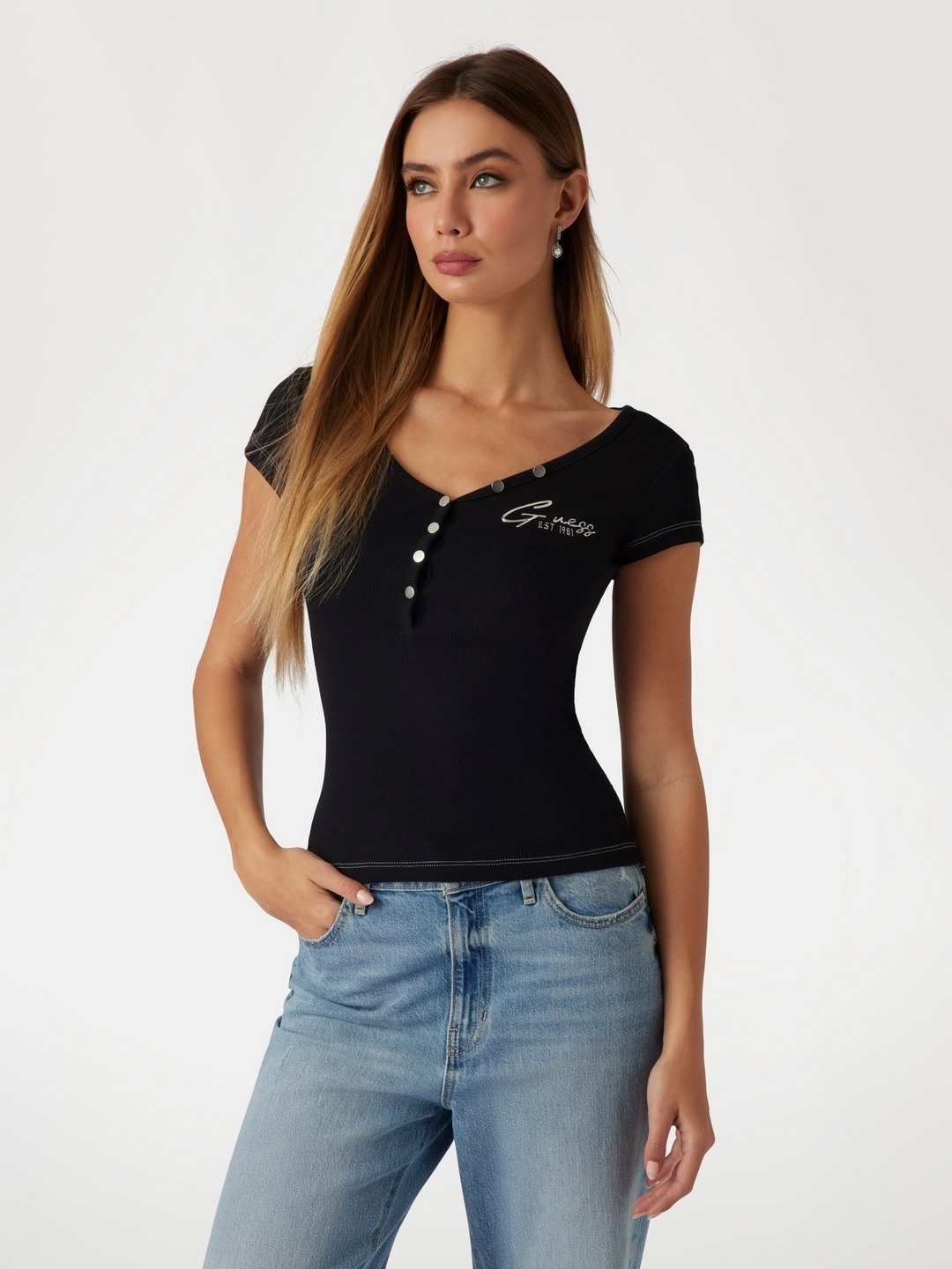 Black Solid V Neck Top