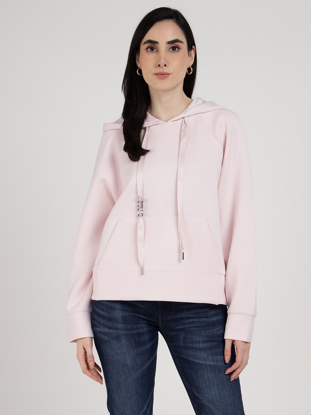 Women Pink Solid Hooded Full Sleeves Pullover Style Sweatshirt