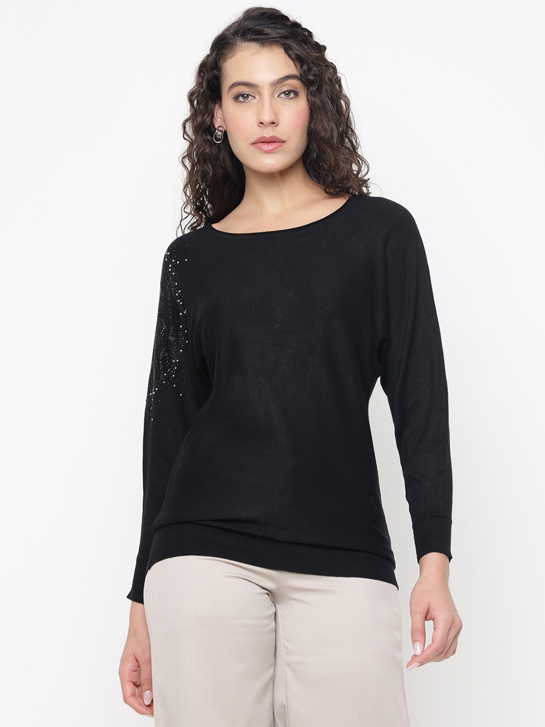 Leslie Basic Stretch Jet Black Embellished Graphic Round Neck Regular Fit Pullover Sweater