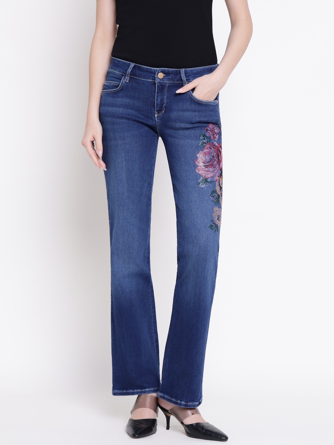 Guess Women Hermosa Carrie Dark Bloom Floral Flare Fit Denim Jeans