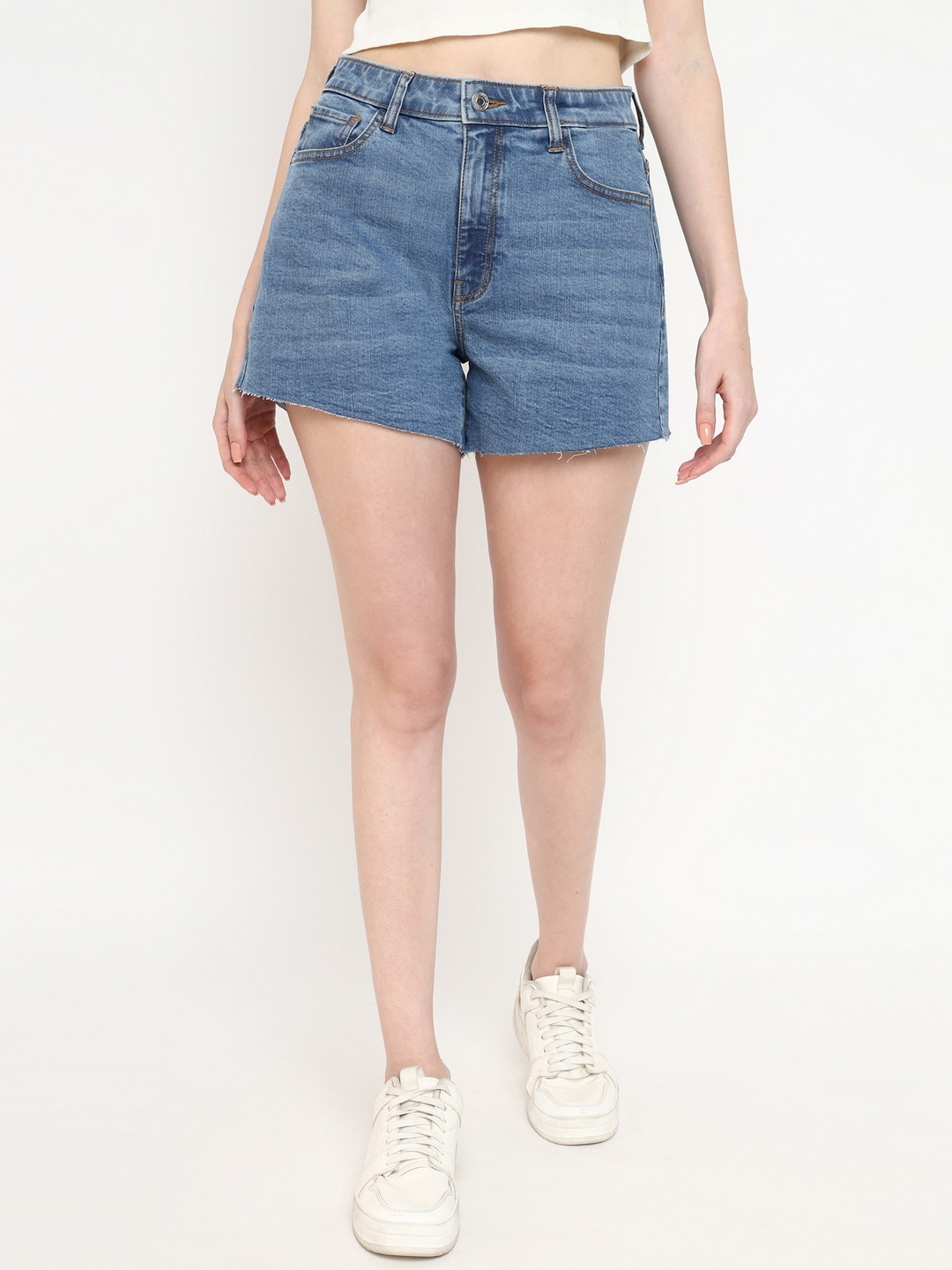 Women Blue Washed High-Rise Above Knee Denim Shorts