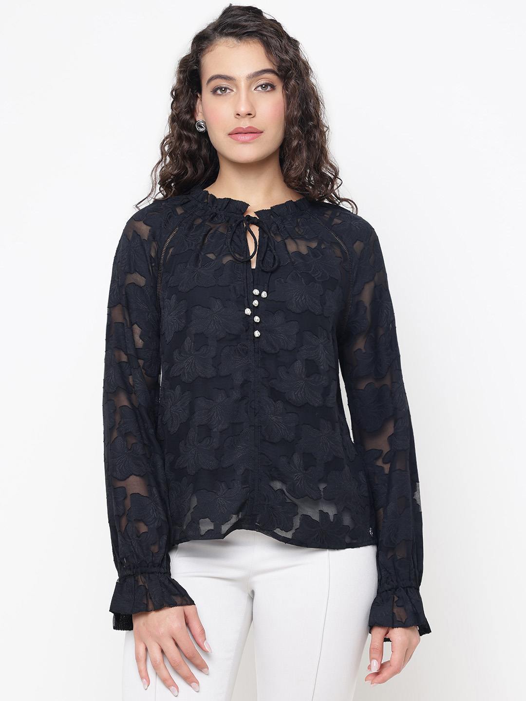 Denise Frill Clipped Jet Black Floral Embroidery Tie-Up Neck Comfort Fit Top