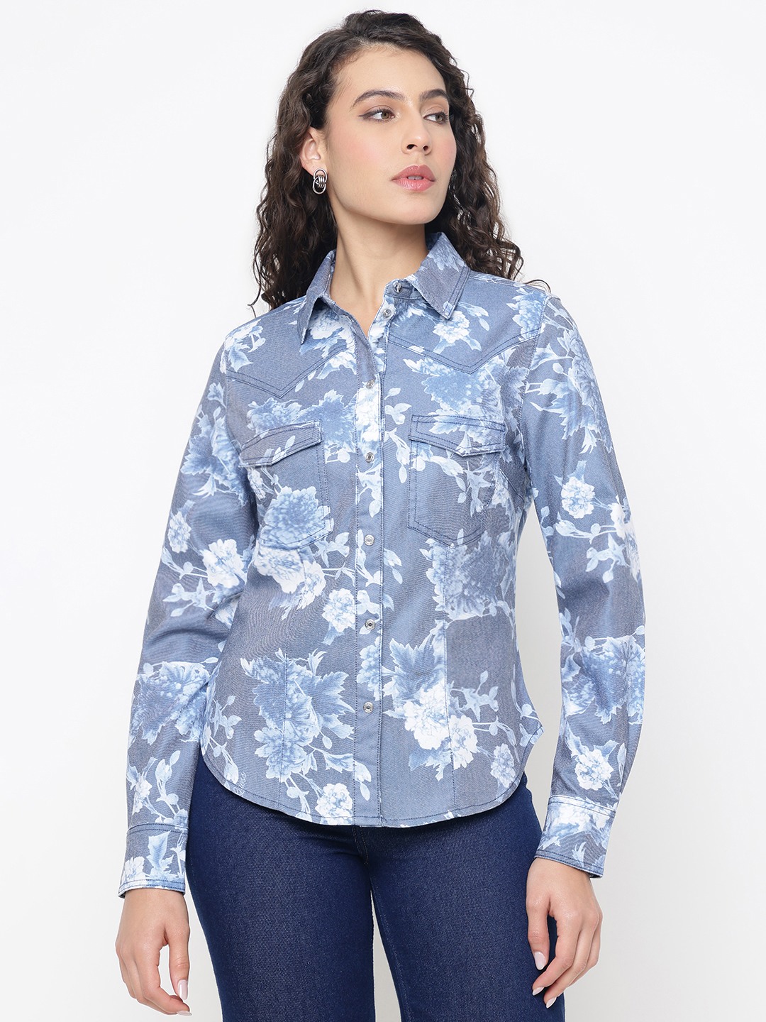Equity Western The Power Floral Spread Collar Regular Fit Denim Shirt