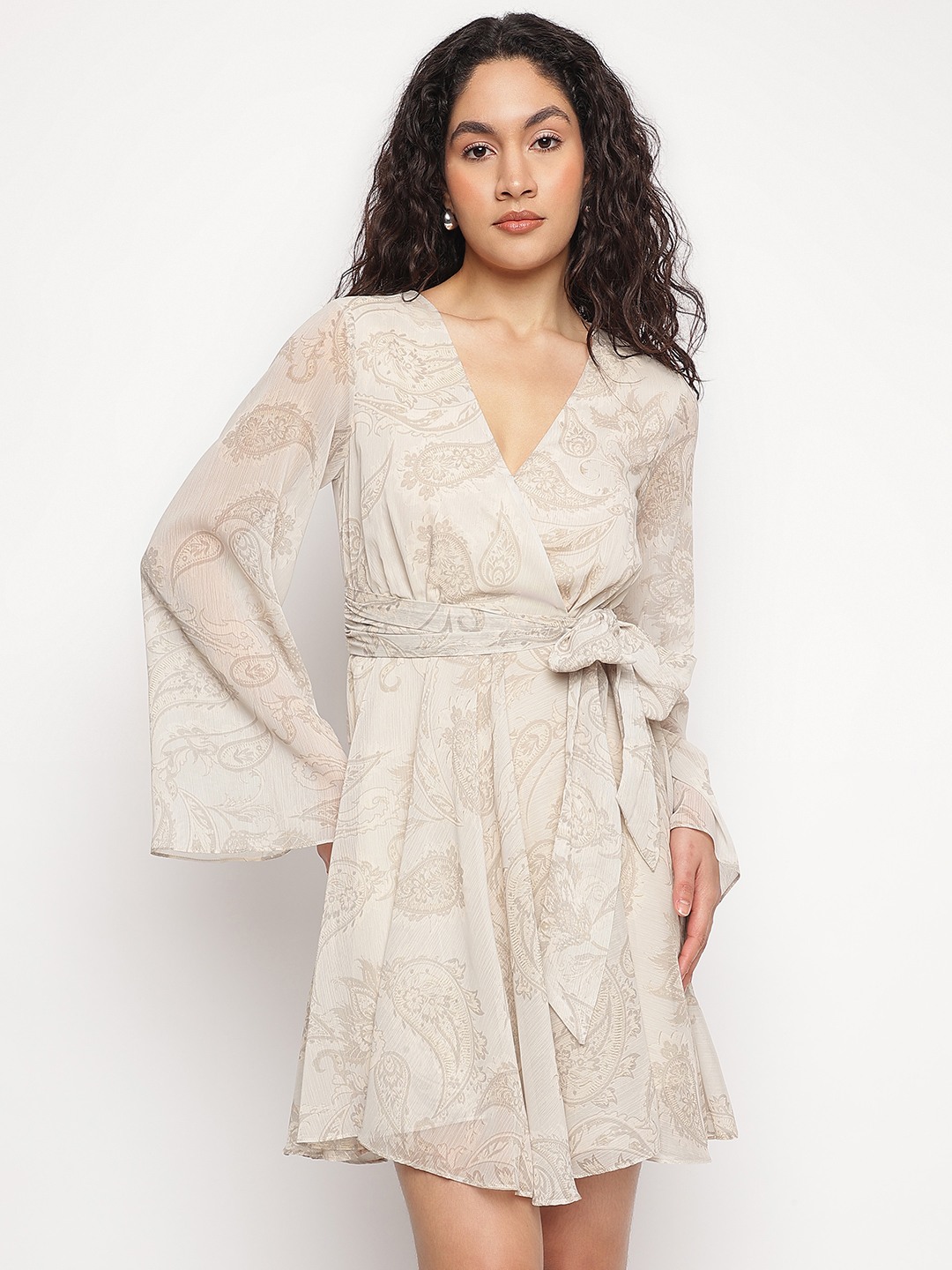 Off White Floral V-Neck Laila Mini Flare Dress