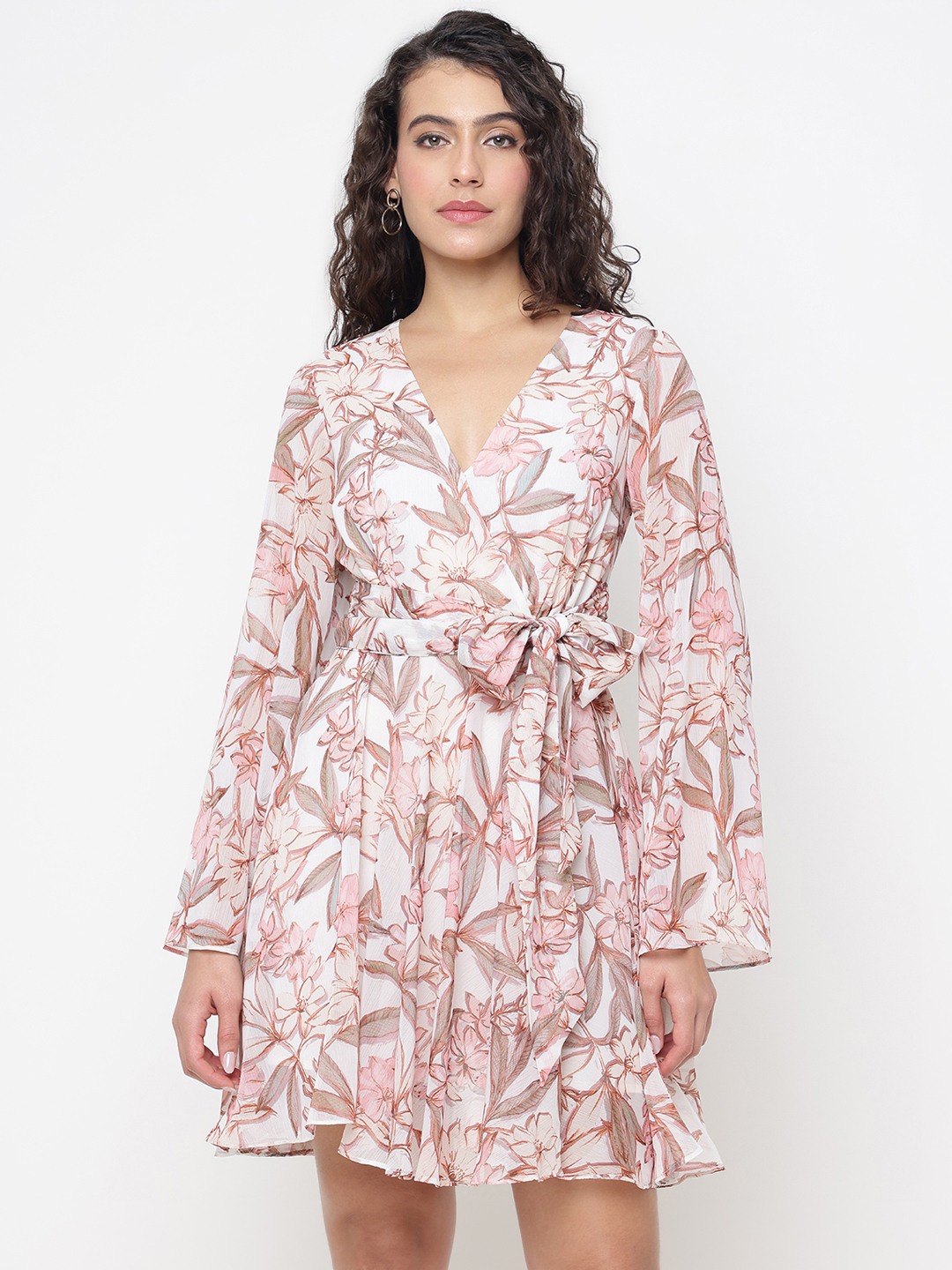 Laila Lily Natural Floral V-Neck Regular Fit Mini Flare Dress