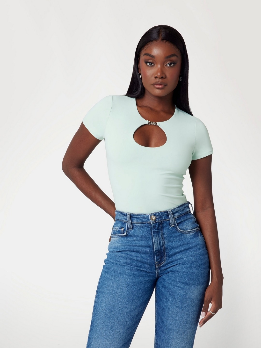 Soft Mint Solid Keyhole Neck Short Sleeves Top