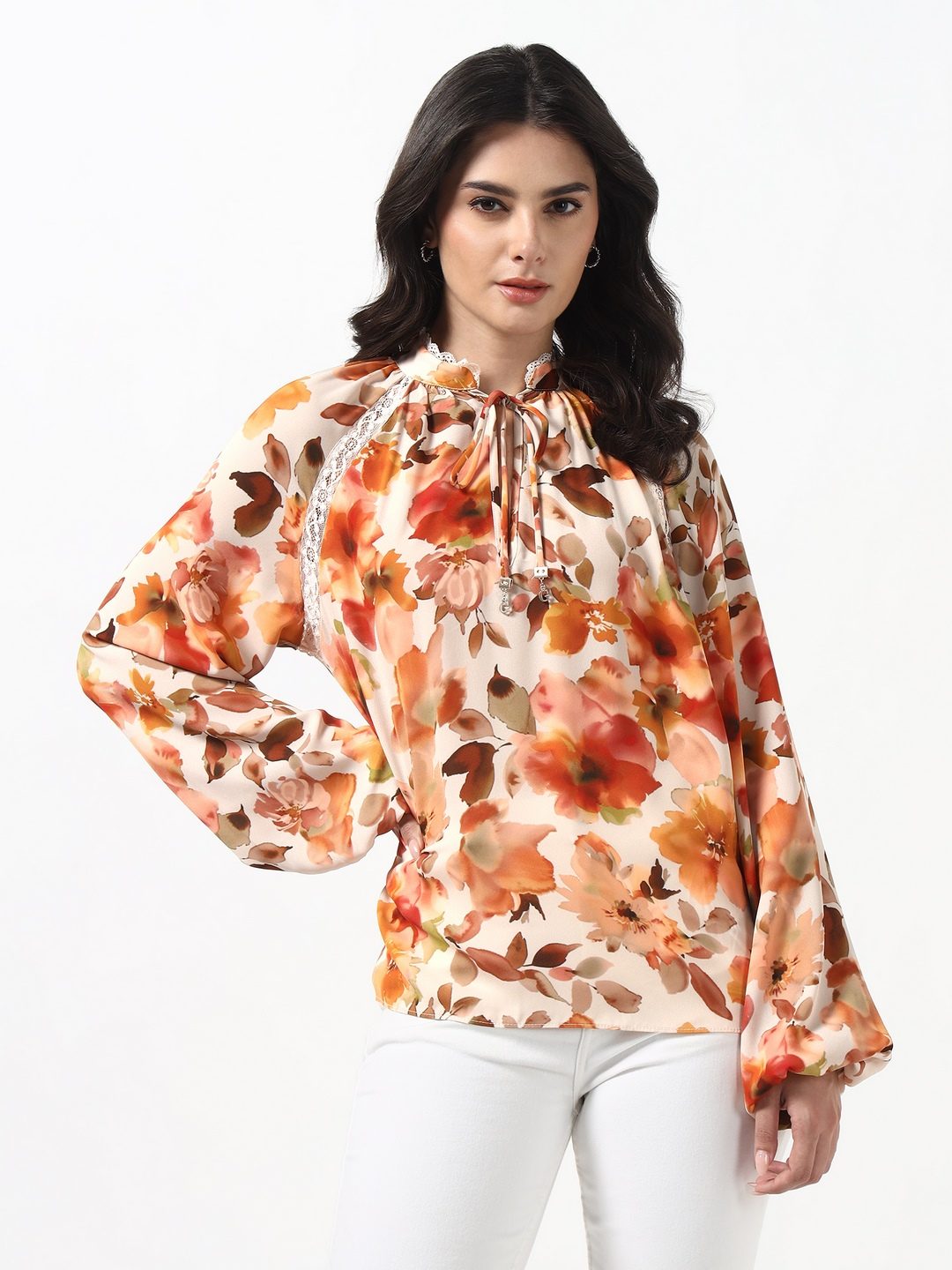 Guess Women Josette Autumn Blossom Vanil Printed Tie-Up Neck Full Sleeves Knit Blouse Top
