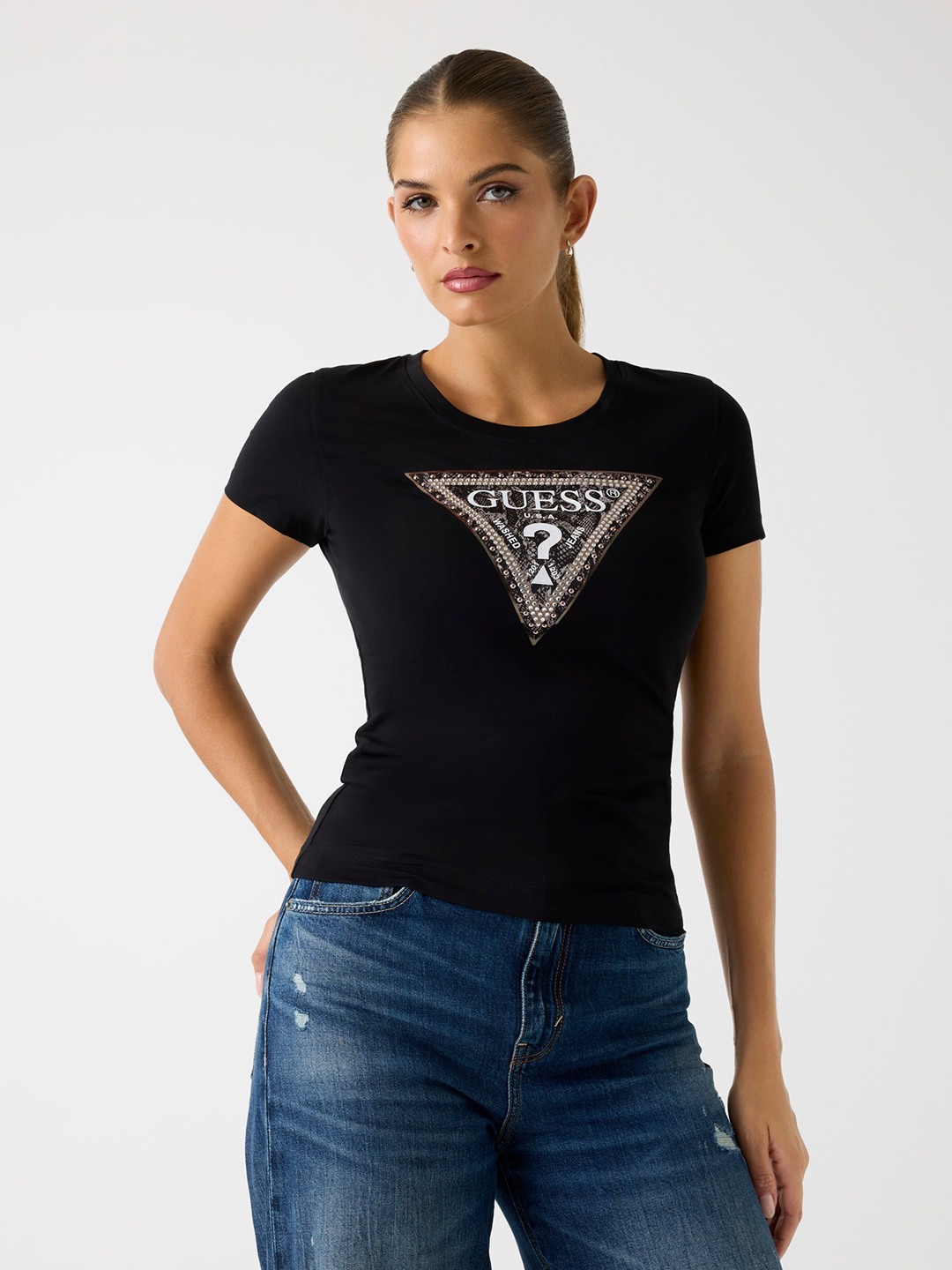 Guess Women's Jet Black Printed Round Neck Short Sleeve Organic Stretch Jersey T-Shirt