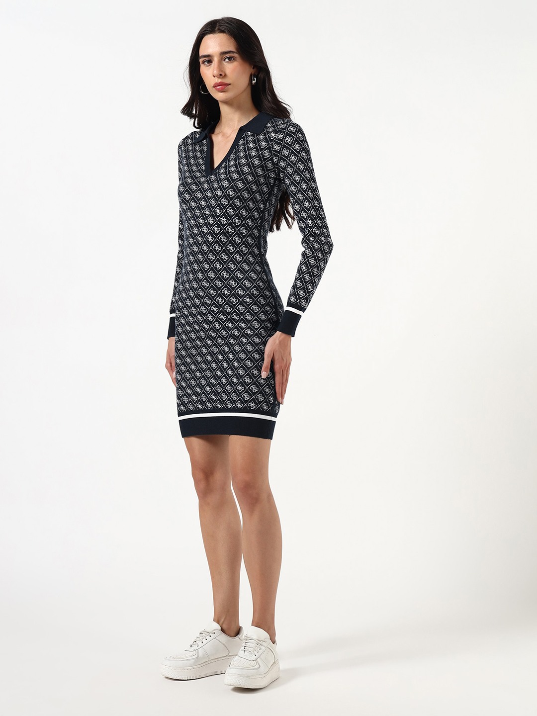 Guess Women Geometric Print Johnny Collar Long Sleeves Bodycon Dress