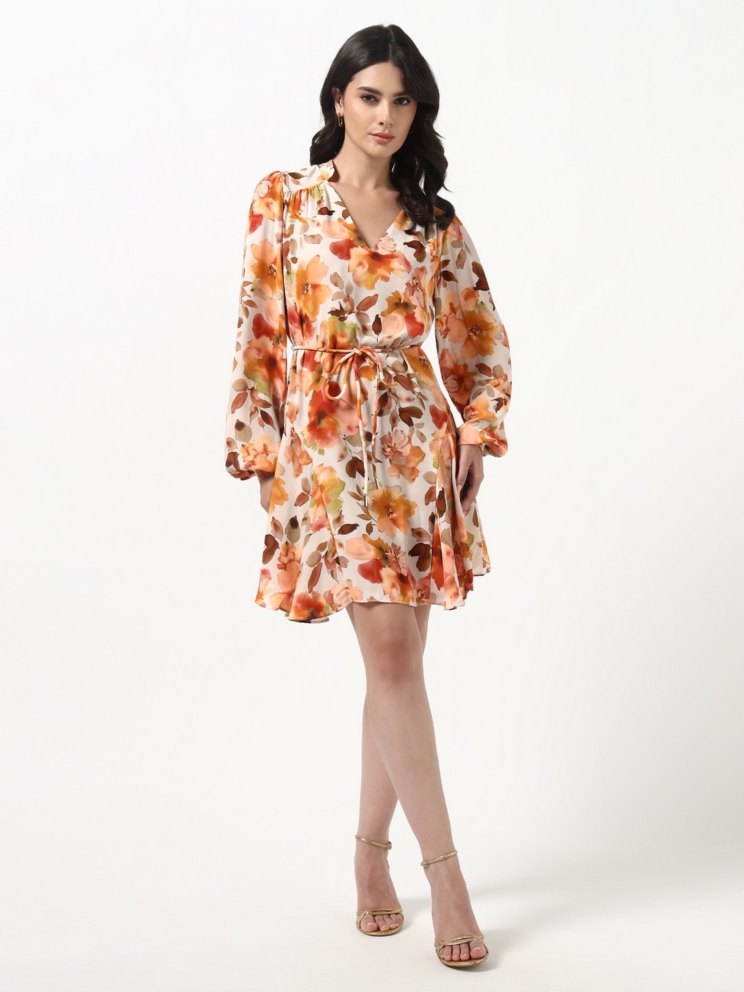 Guess Women Wanda Autumn Blossom Vanil Printed V-Neck Full Sleeves Woven Dress
