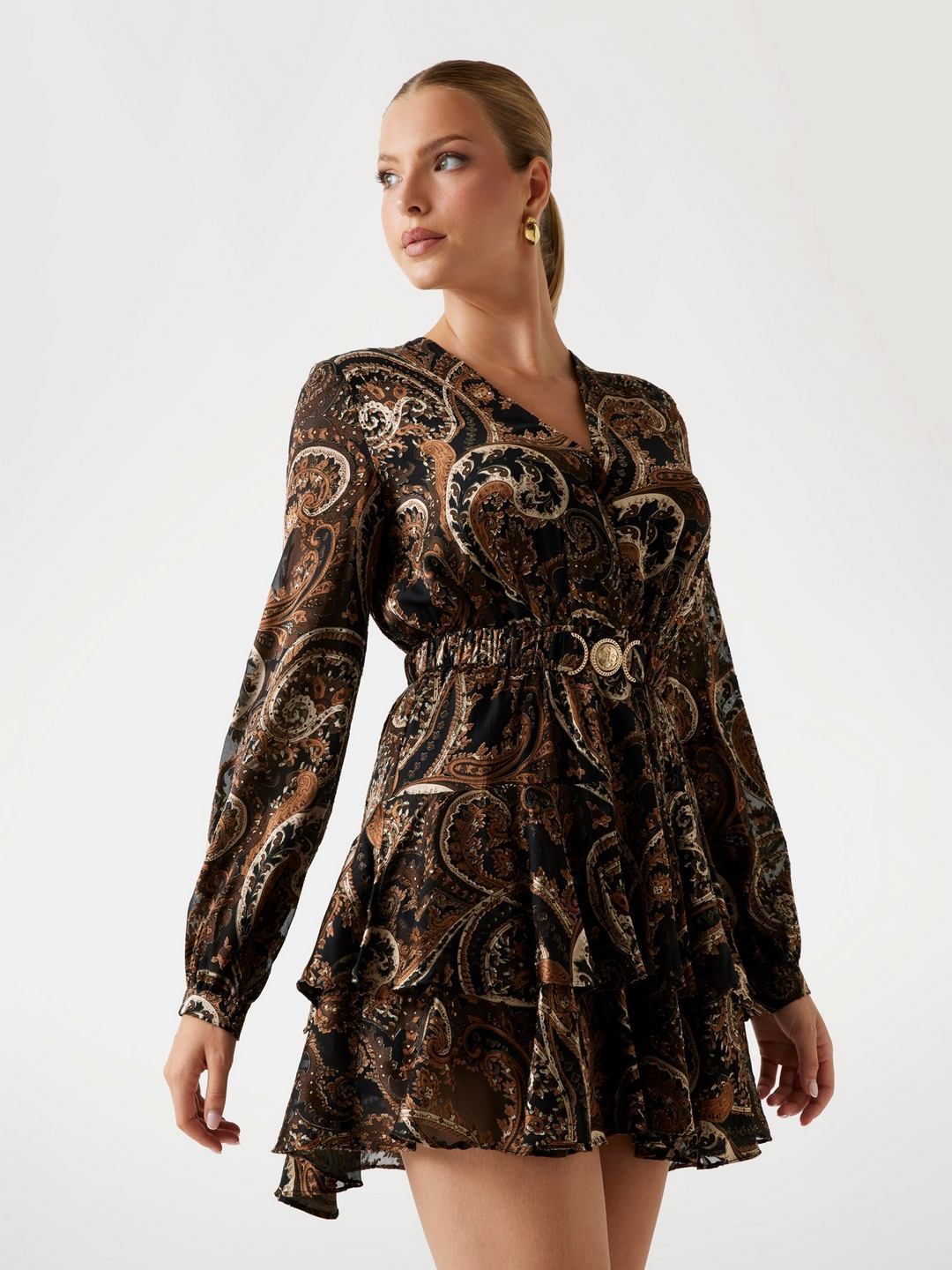 Guess Women Paisley V-Neck Long Sleeves Layered Dress