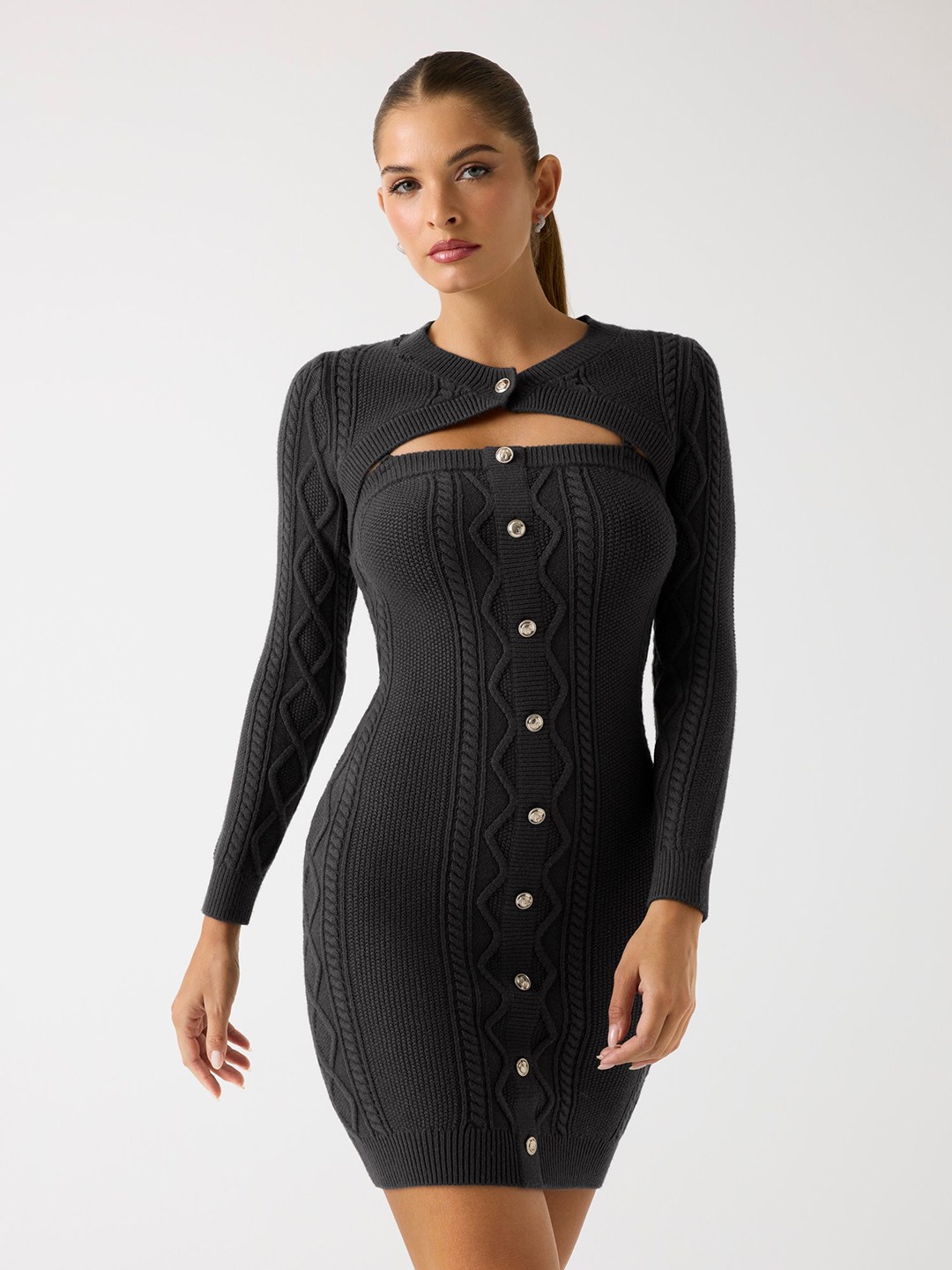 Guess Women's Bark Brown Cable Knit Round Neck Full Sleeve Liam Yarn Bodycon Dress