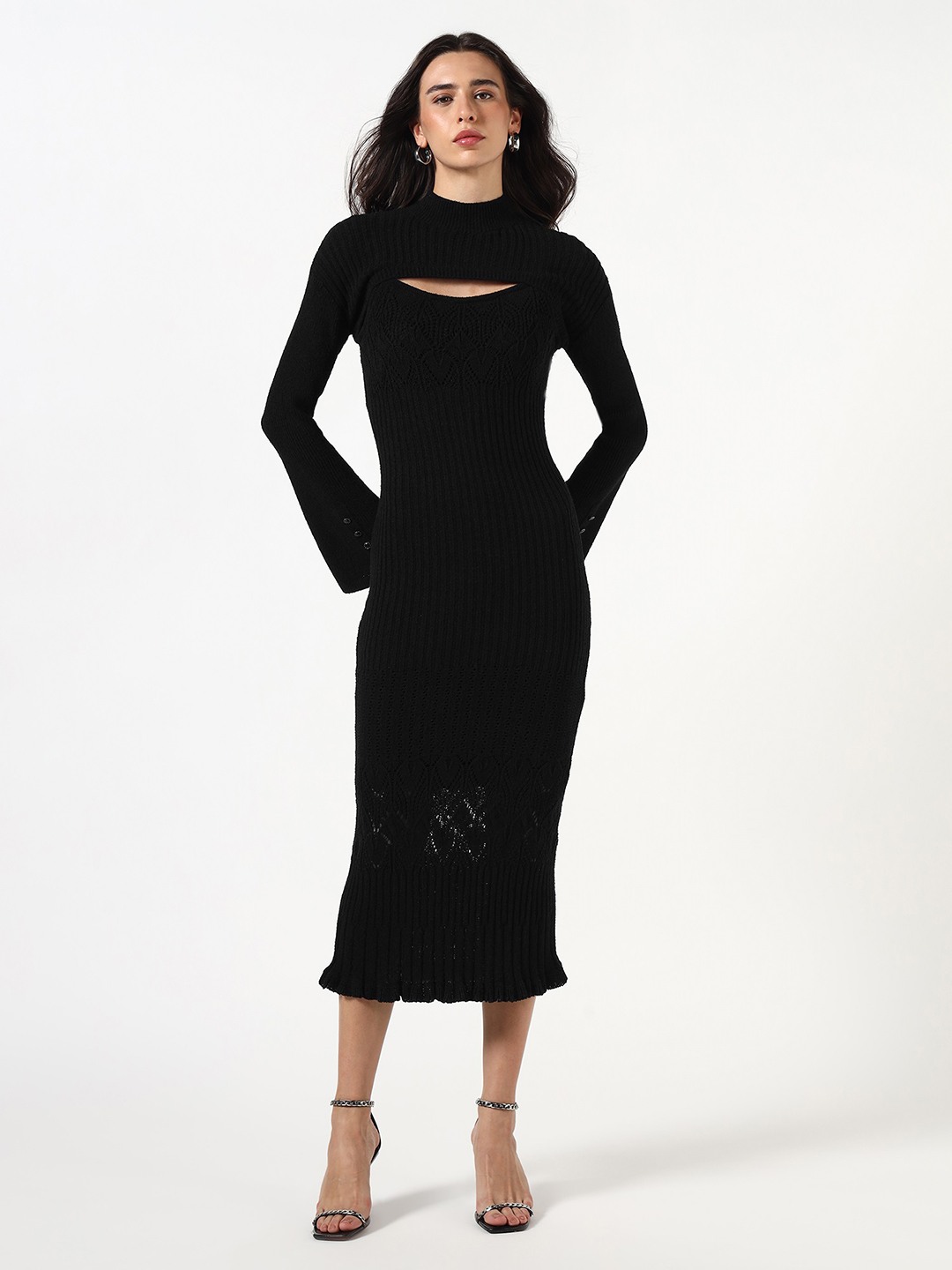 Guess Women Ribbed Mock Neck Long Sleeves Bodycon Dress