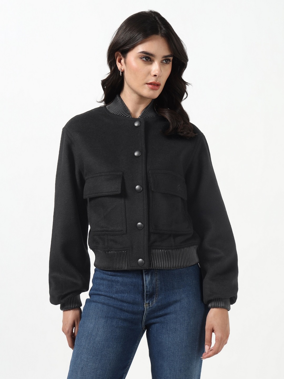 Guess Women Lorenza Melton Jet Black Solid Full Sleeves Woven Bomber Jacket
