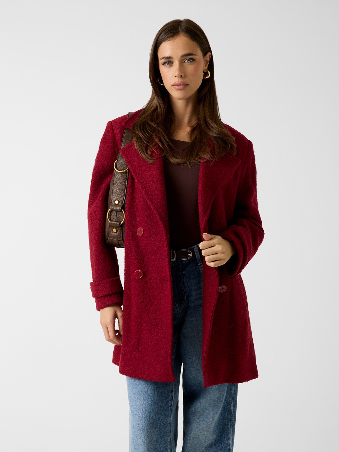 Maroon Solid Lapel Collar Coat