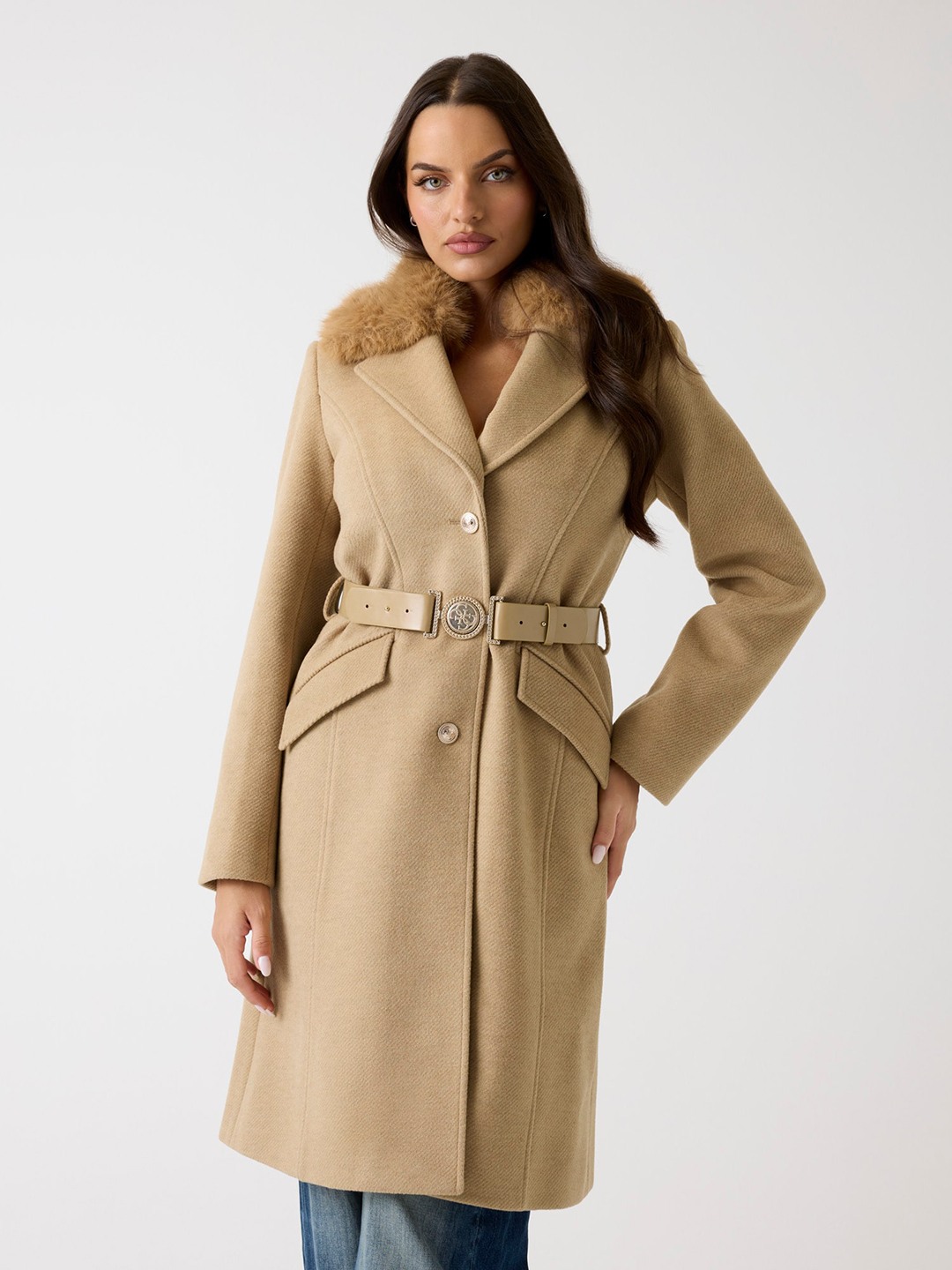 Guess Women's Desert Mud Solid Shawl Lapel Full Sleeve Overcoat