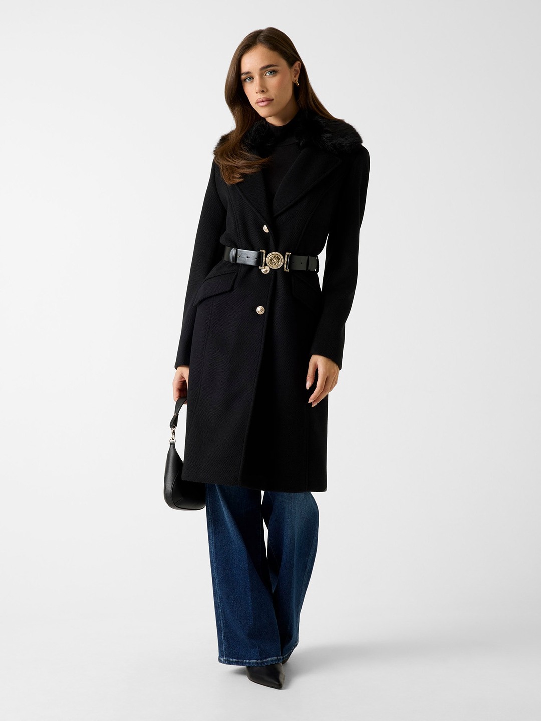 Black Solid Lapel Collar Coat